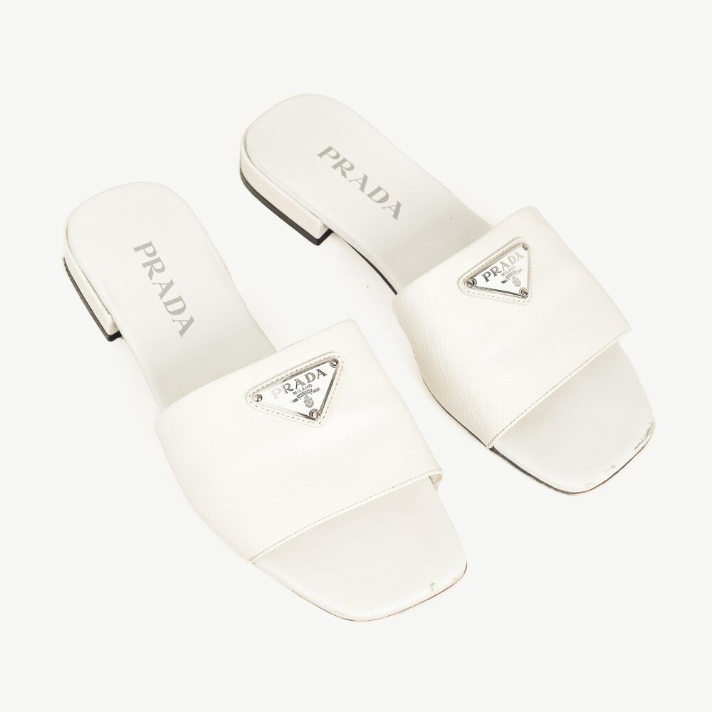 Prada White Saffiano Leather Logo Slide Sandals